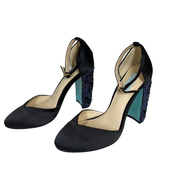 Blue by Betsey Johnson Embellished Black Silk Strap Block Heel Sybil Women's 6 - Picture 1 of 9